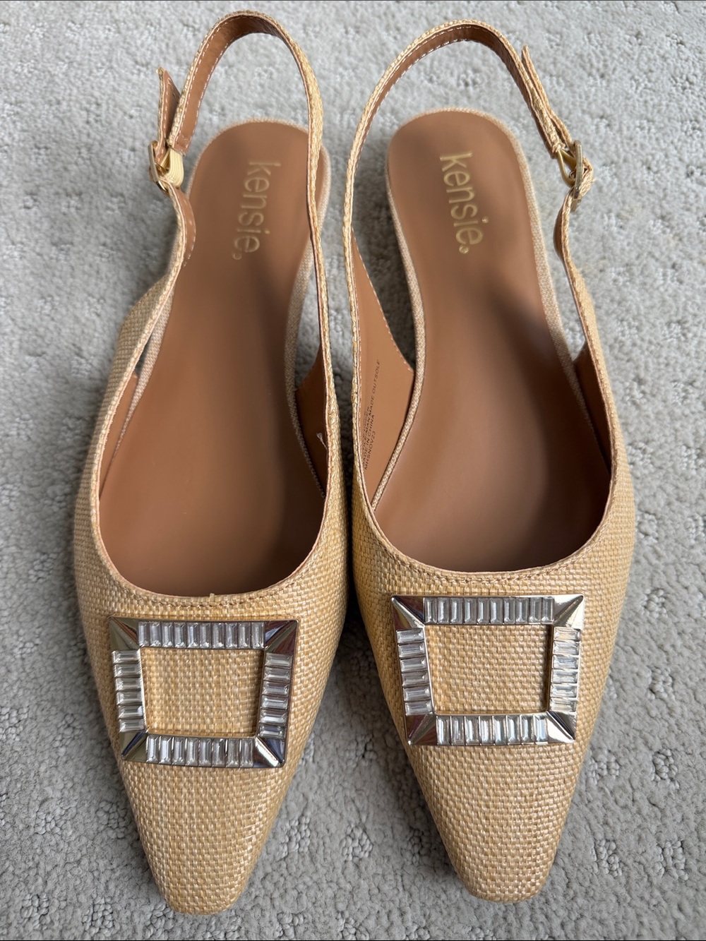Kensie Tan-Beige Pointed Slingback Flats with Crystal Buckle - NEVER WORN!!